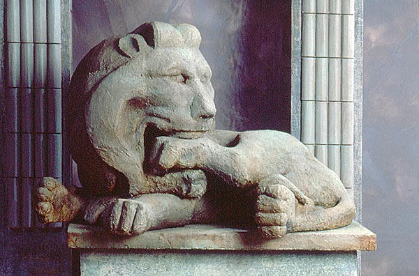 Entryway Lion Sphinx.1990.Wood,rigid-foam & bonded concrete.50”x48”x32”