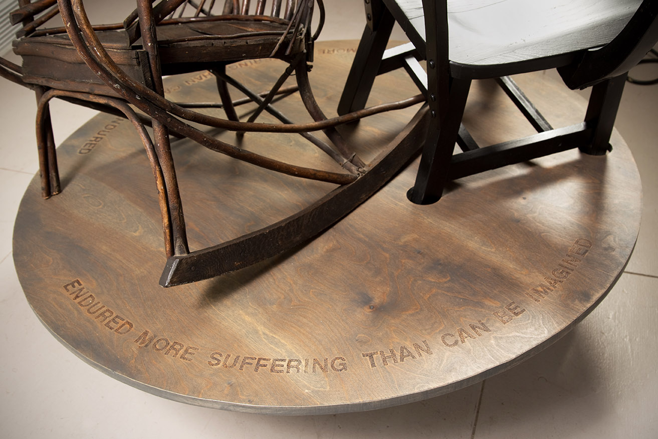 DETAIL – Frida Kahlo inscription) wood & found chairs, 54”Hx48”Wx48”D, 2022