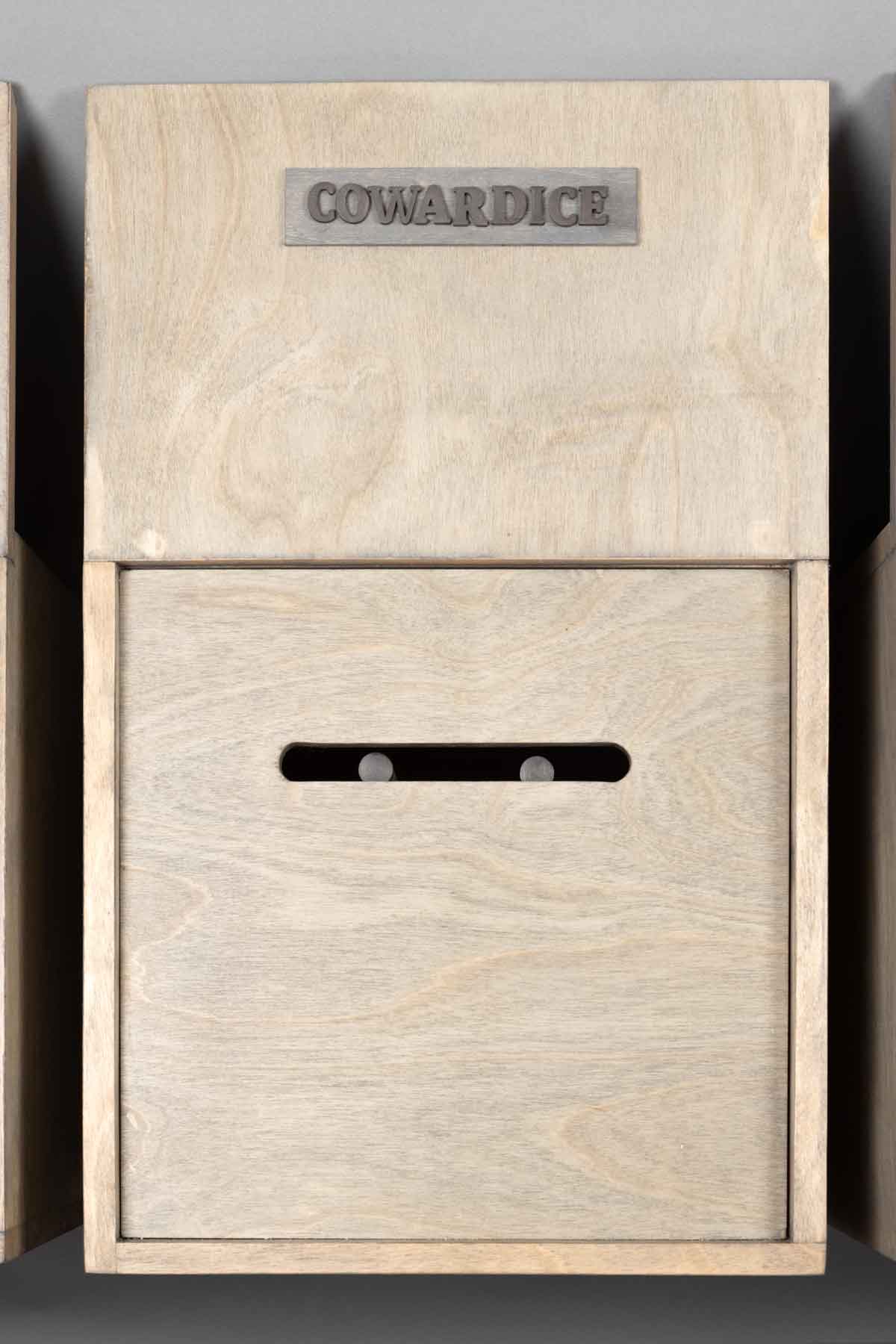 6Cowardice Deadly Sins – 21st Century” (Cowardice), stained birch plywood & dowels with polished graphite tips, 18”Hx10.5”Wx18”D, 2025